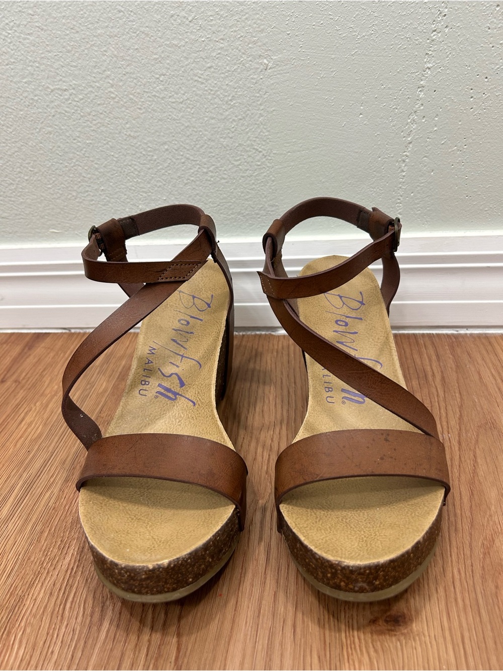 Blowfish Brown Leather Cork Wedge Sandals
